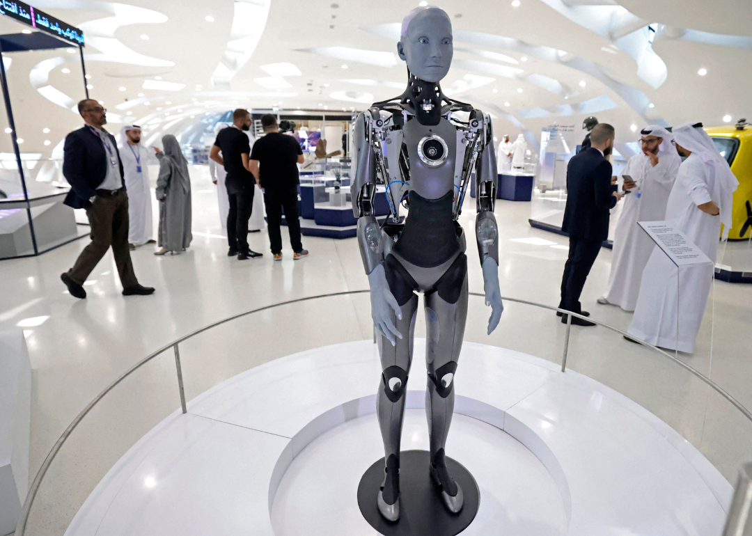 The Ameca humanoid robot greeting visitors at Dubai