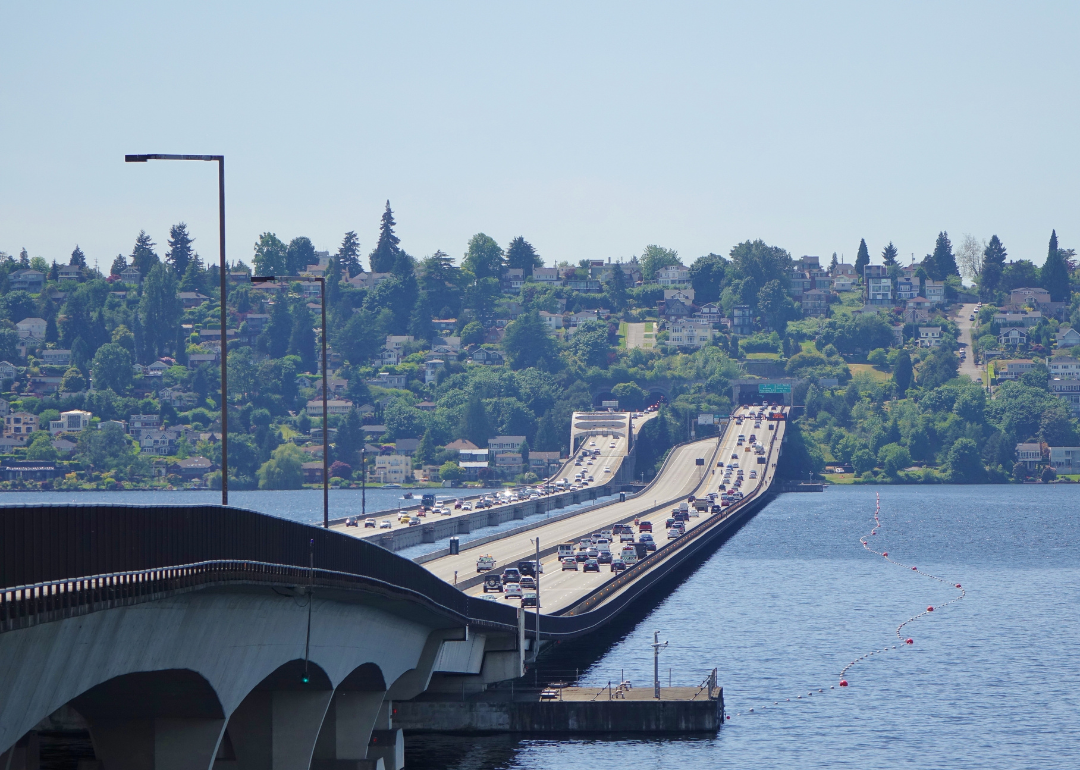 Looking west at the Interstate 90 floating bridge across Lake Washington in Seattle.