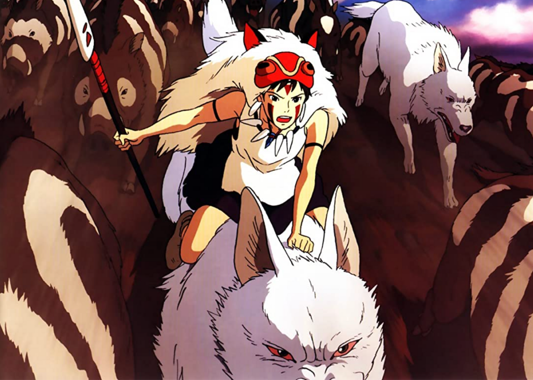 A still of Princess Mononoke riding her wolf.