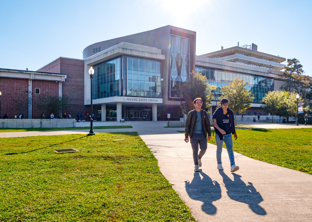 Students walking on the lawn of a quad on the campus of the University of Florida in Gainesville.
