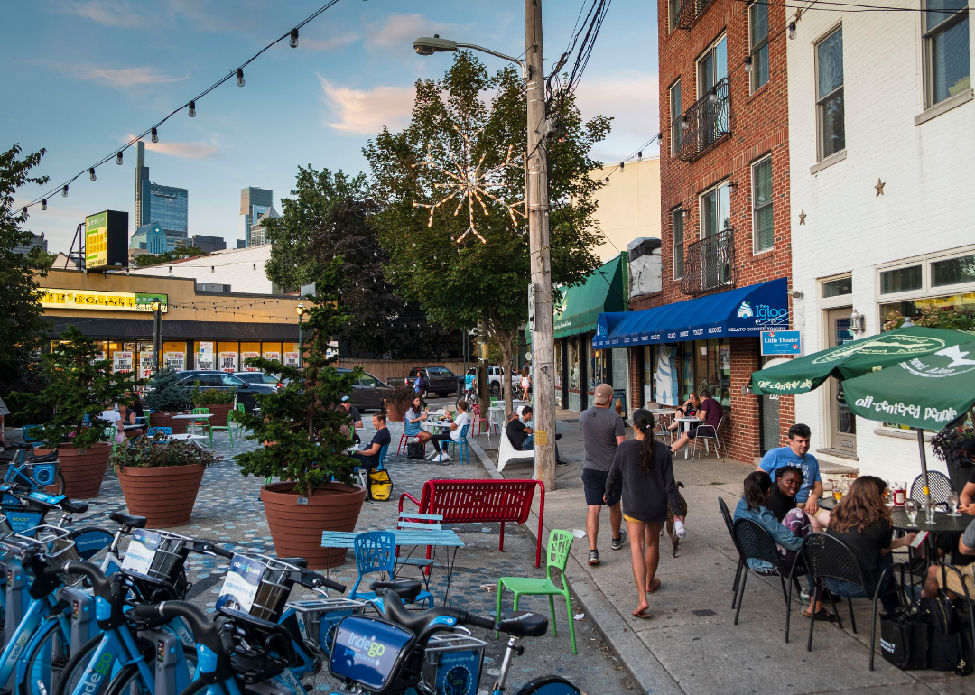 A park made in a former street space that is surrounded by retail and cafes in South Philadelphia, Pennsylvania.