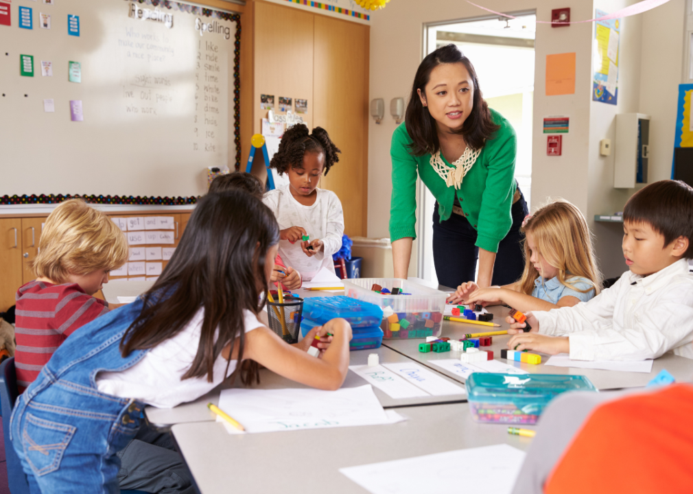 A teacher helping students through a lesson