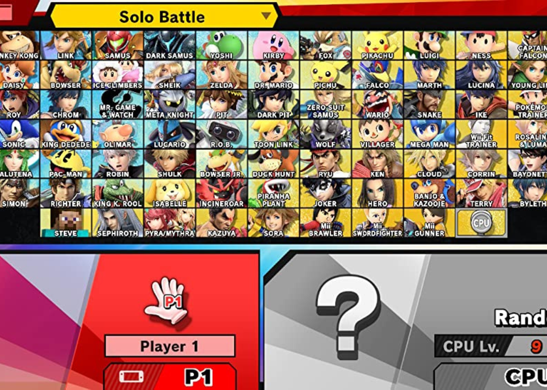The character selection screen for Super Smash Bros. Ultimate.