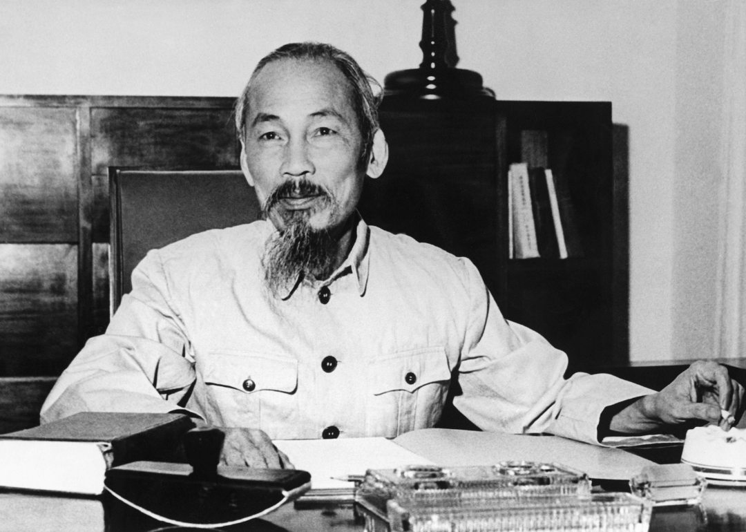 Portrait of Ho Chi Minh, the President of the Democratic Republic of North Vietnam, in his office at the Presidential Palace in Hanoi on May 27, 1955.