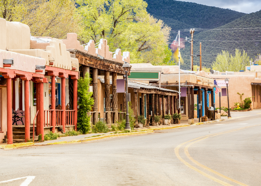 Buildings lining a street in Taos, New Mexico.
