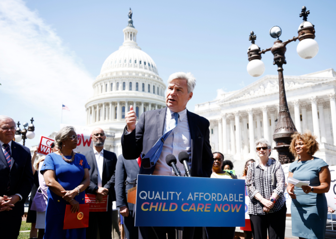 Sen. Sheldon Whitehouse (D-RI) joins members of Congress and advocates to push for child care in budget reconciliation outside of the U.S. Capitol Building on June 09, 2022.