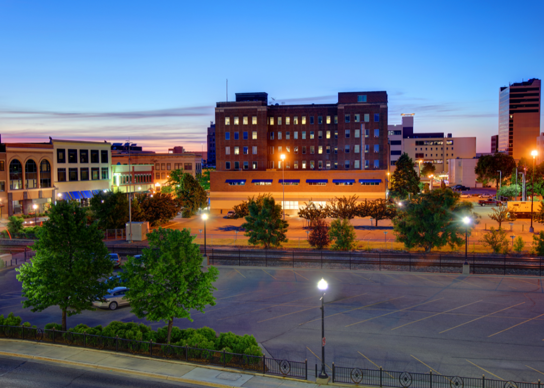 Buildings in Fargo, North Dakota, as seen at night.
