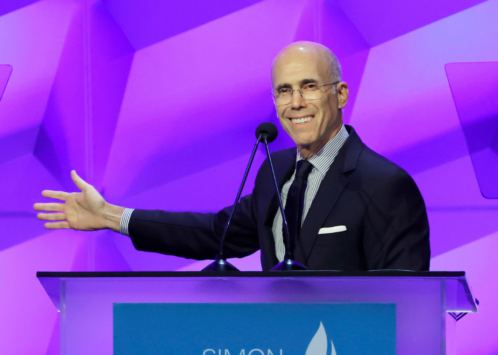 Jeffrey Katzenberg speaking onstage during the Simon Wiesenthal Center National Tribute Dinner at The Beverly Hilton