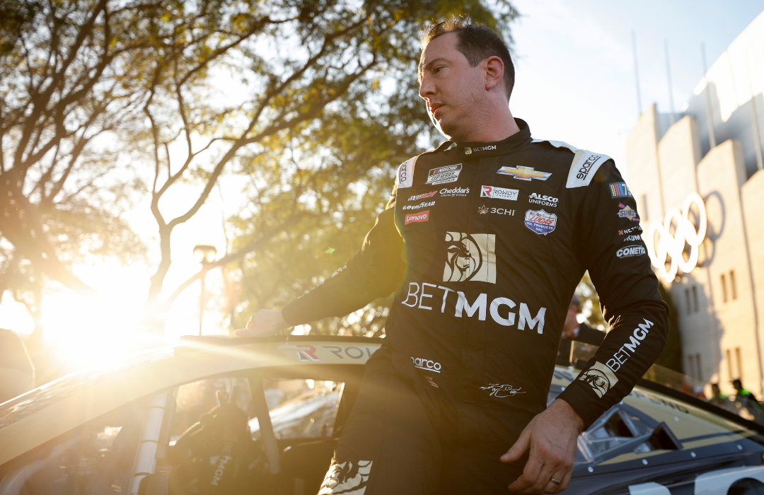 Kyle Busch, driver of the #8 BetMGM Chevrolet, exiting his car during practice for the NASCAR Clash at the Coliseum at Los Angeles Coliseum on February 04, 2023, in Los Angeles, California.