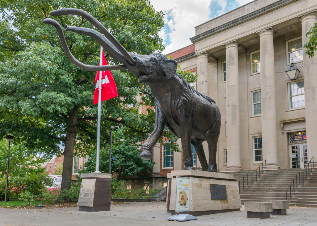 A sculpture, Archie the Mammoth, at Lloyd G. Tanner Plaza on the campus of the University of Nebraska.