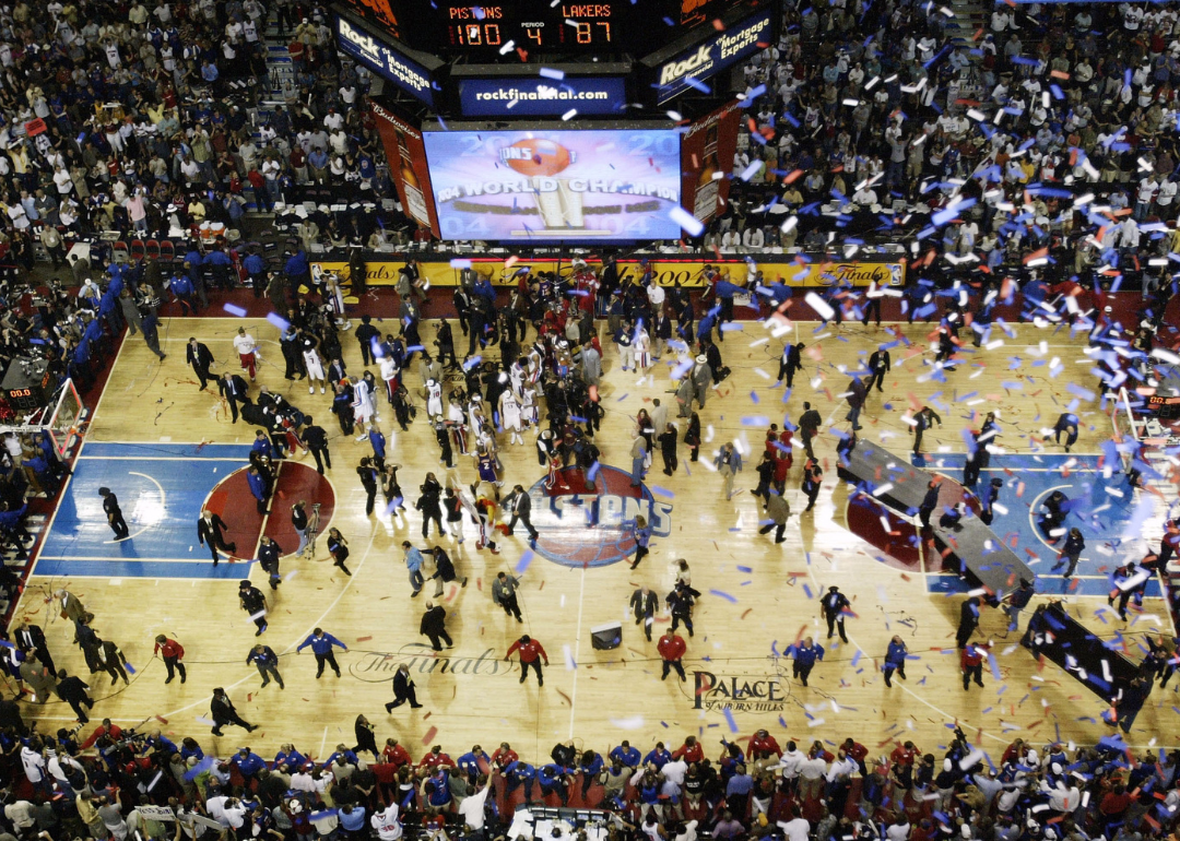 Confetti falling from the rafters as the Detroit Pistons celebrate defeating the Los Angeles Lakers in Game Five of the 2004 NBA Finals.