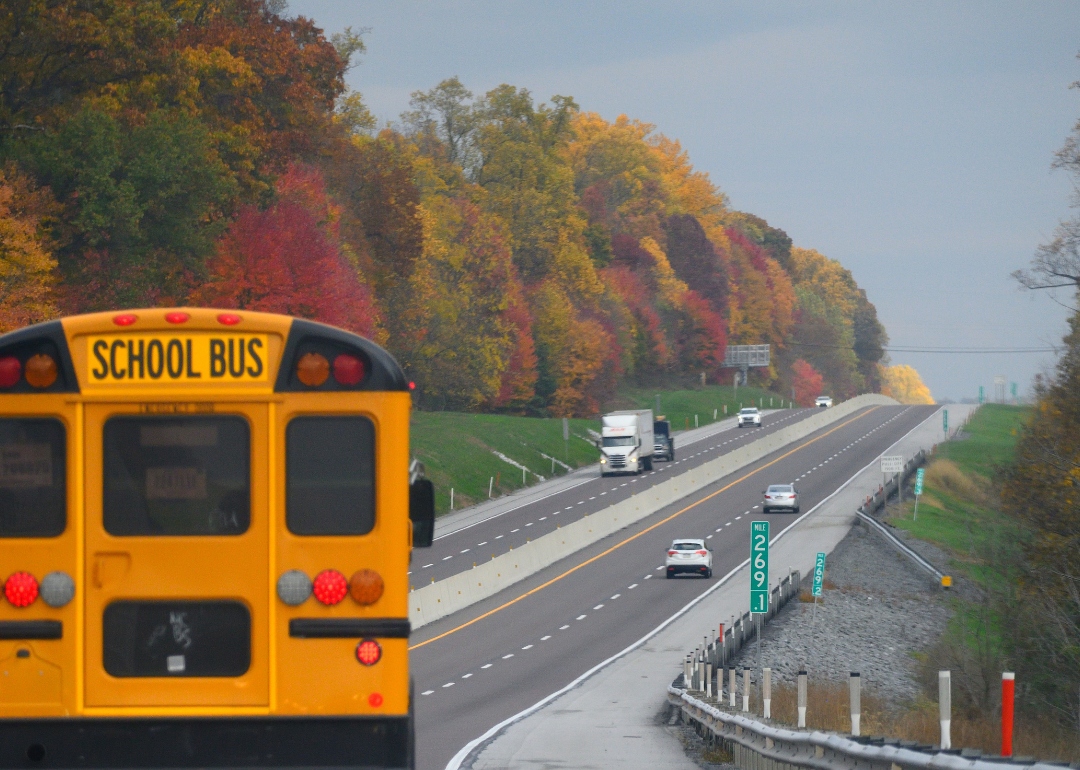 Tree foliage in peak fall colors lining the Pennsylvania turnpike on I-76.