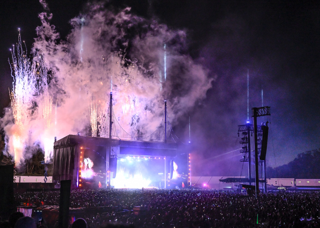 Fireworks during the Post Malone performance on Day 3 of Outside Lands Music and Arts Festival at Golden Gate Park on August 7, 2022.