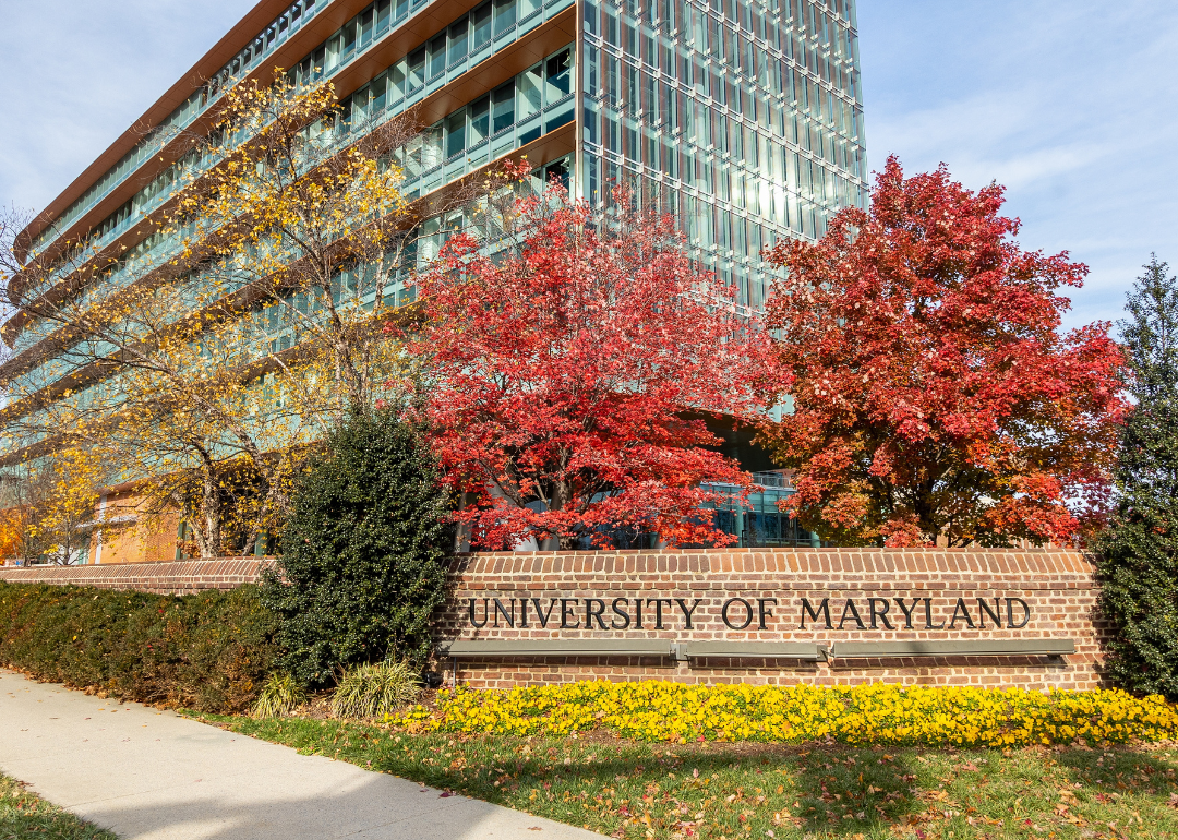 The entrance sign for the University of Maryland in College Park.