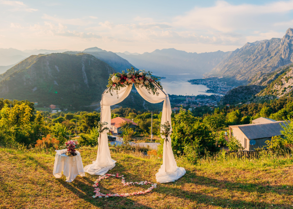 A wedding setting with mountain views