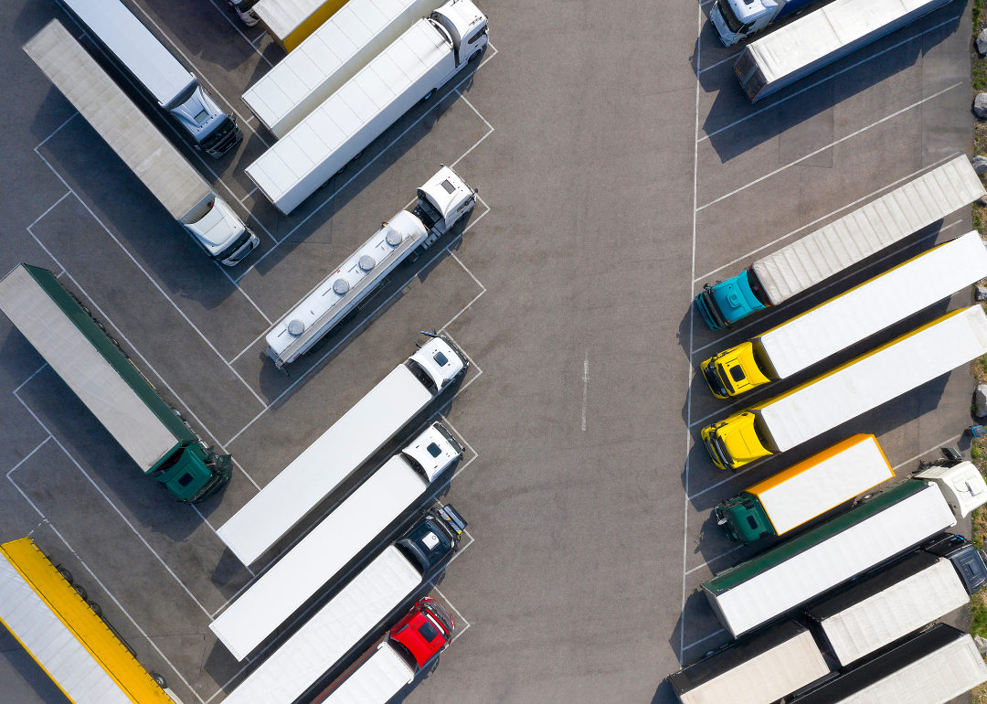 An aerial view of trucks at a truck stop.