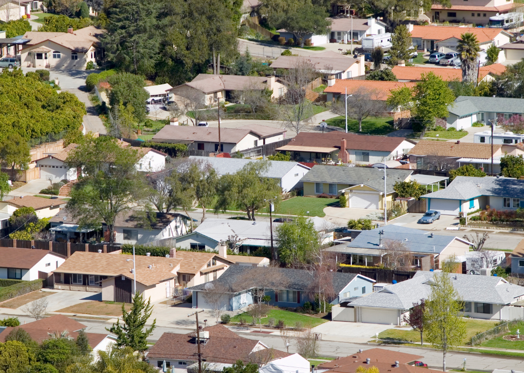 An aerial view of suburban homes in Oak View, California.