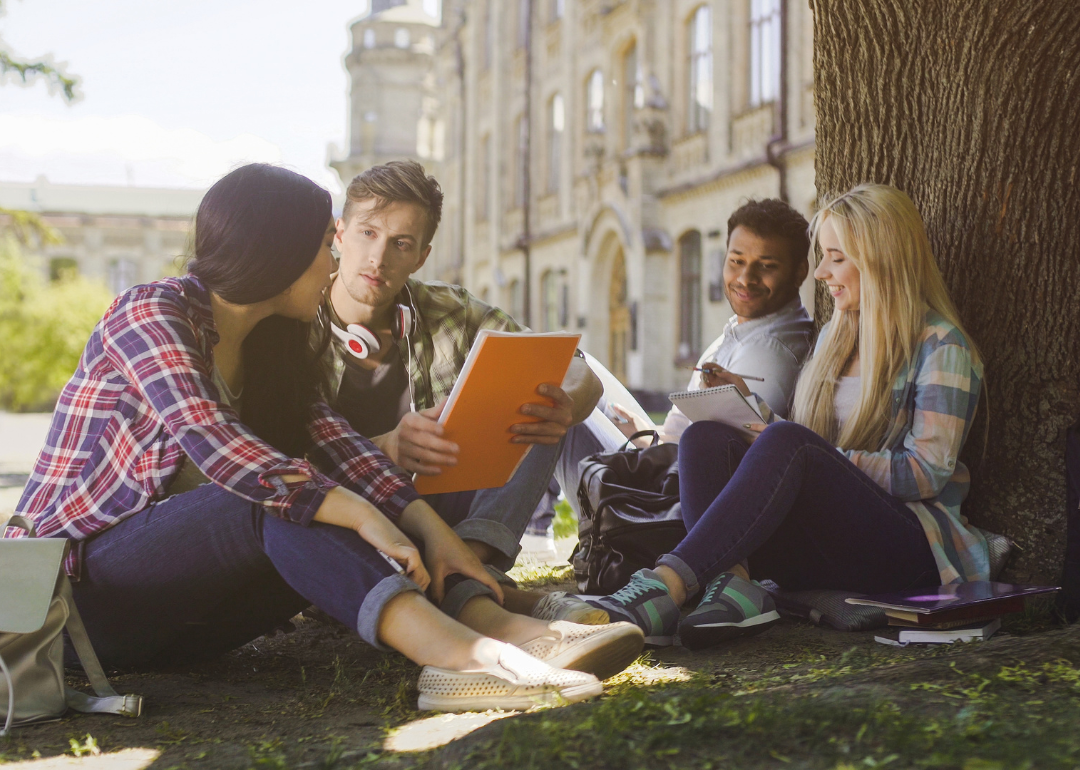 Students studying outside on a college campus.