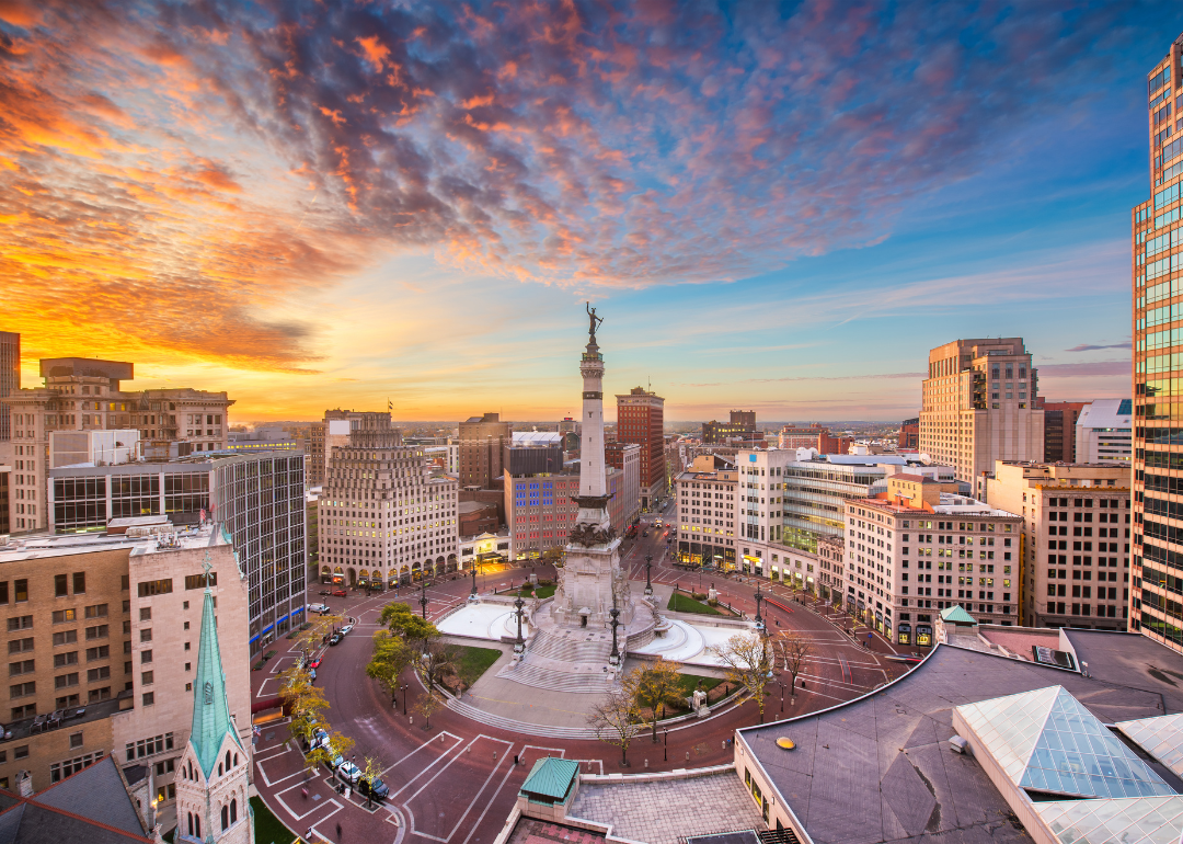 An aerial view of Indianapolis at sunset.