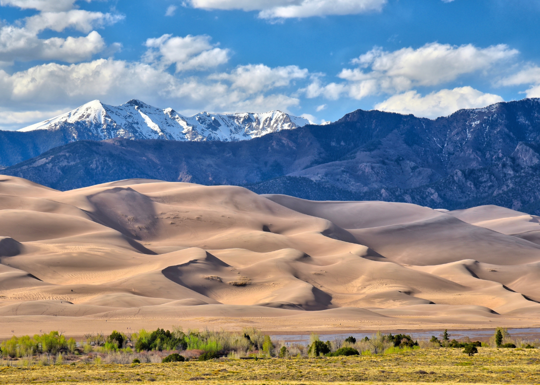 A scenic view of Great Sand Dunes National Park with towering mountains in the background.