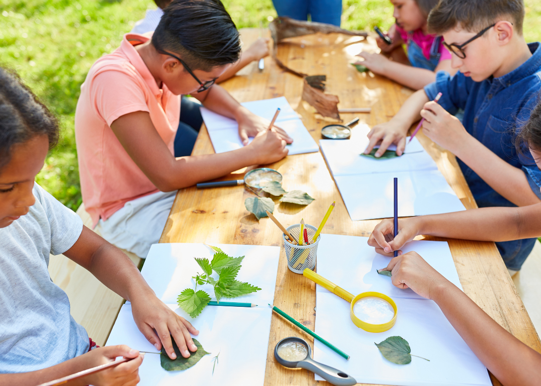 Children drawing leaves during an art camp.