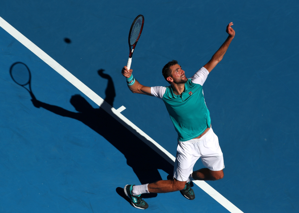 Marin Cilic of Croatia serving in his second round match against Joao Sousa of Portugal on day three of the 2018 Australian Open