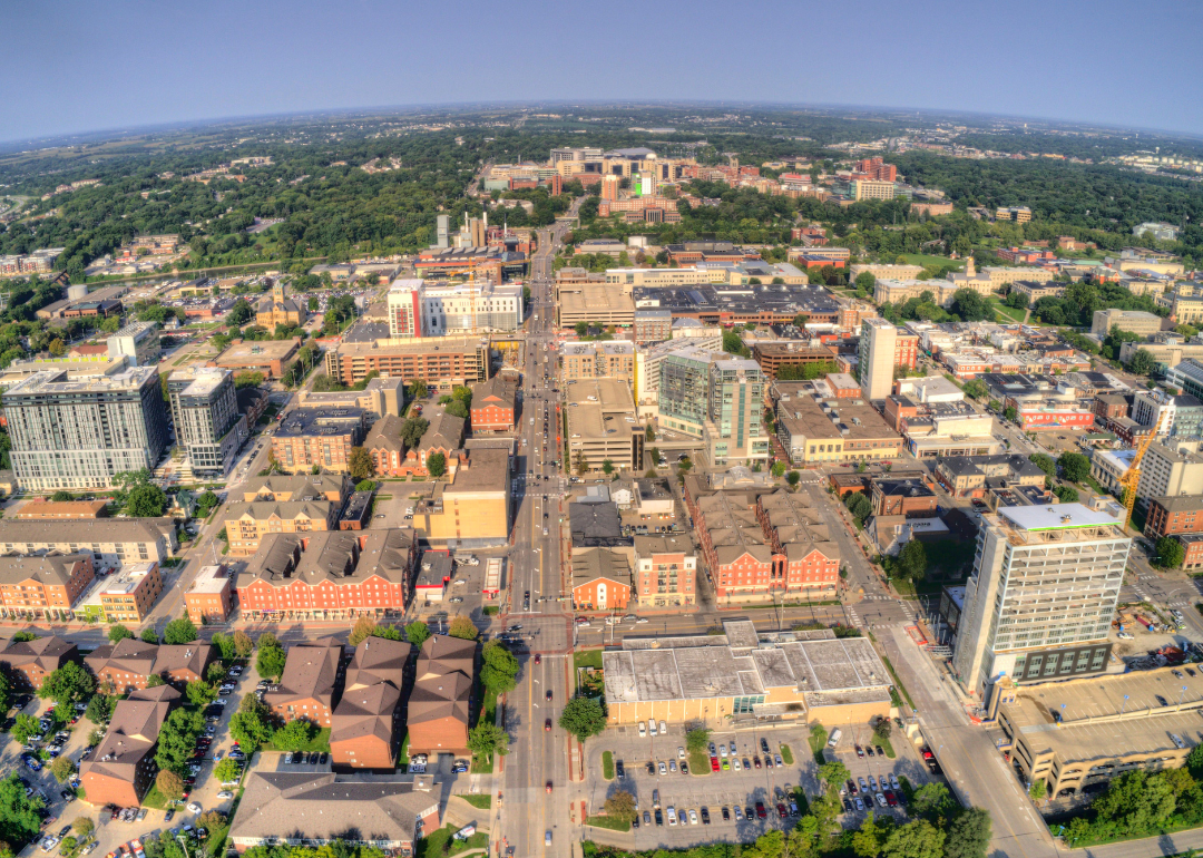 An aerial view of Iowa City, Iowa, on a sunny day.