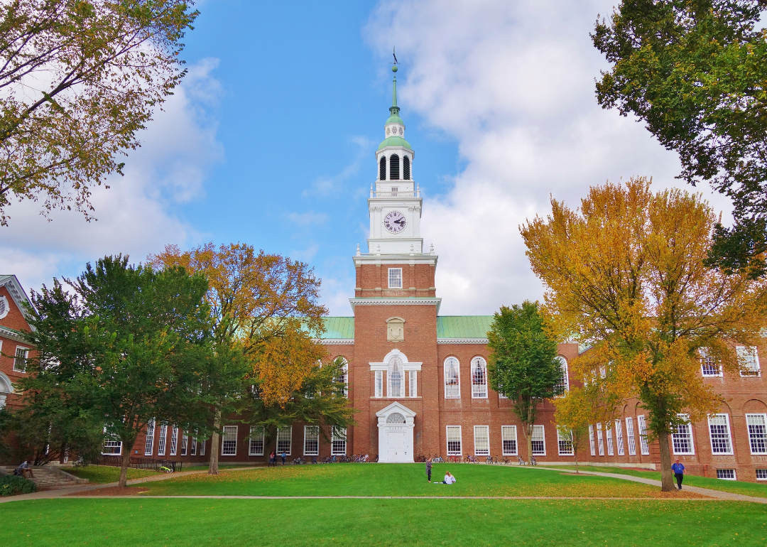 The Dartmouth Green, Baker Library, and bell tower.