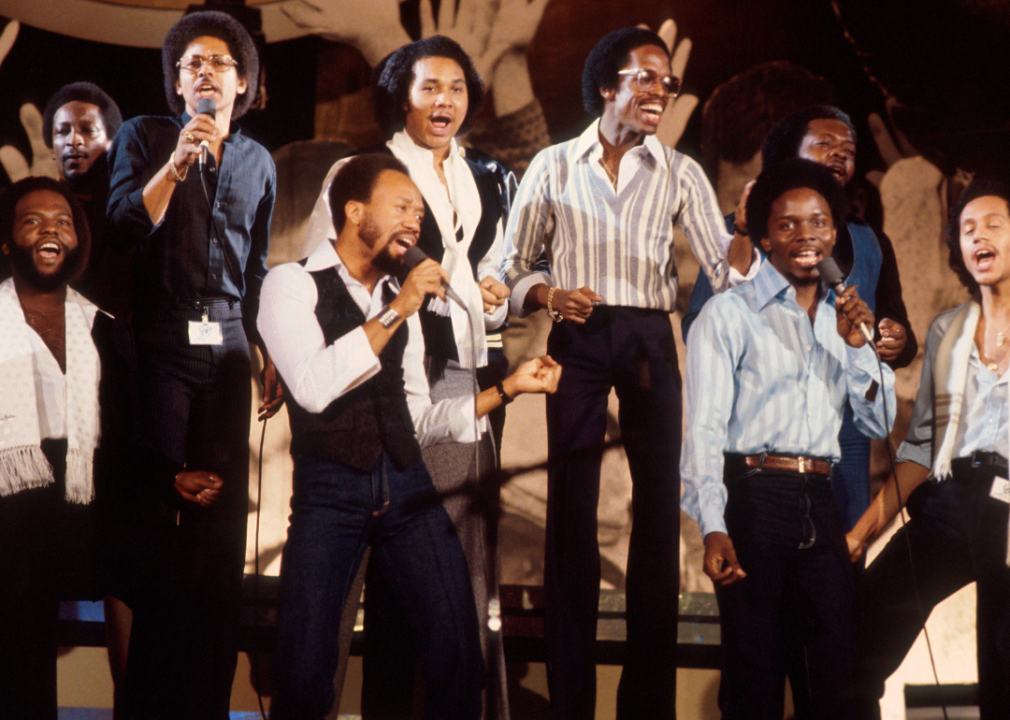 Earth, Wind and Fire perform in the 1970s.