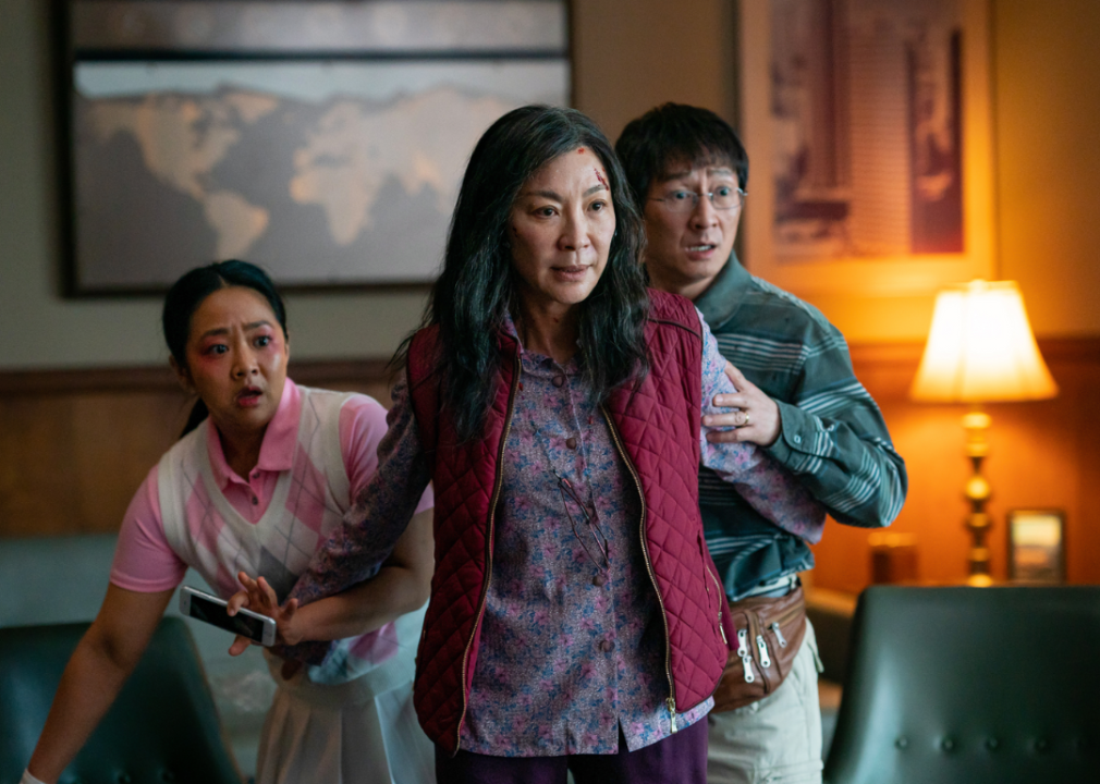 Michelle Yeoh, Ke Huy Quan, and Stephanie Hsu in Everything Everywhere All at Once
