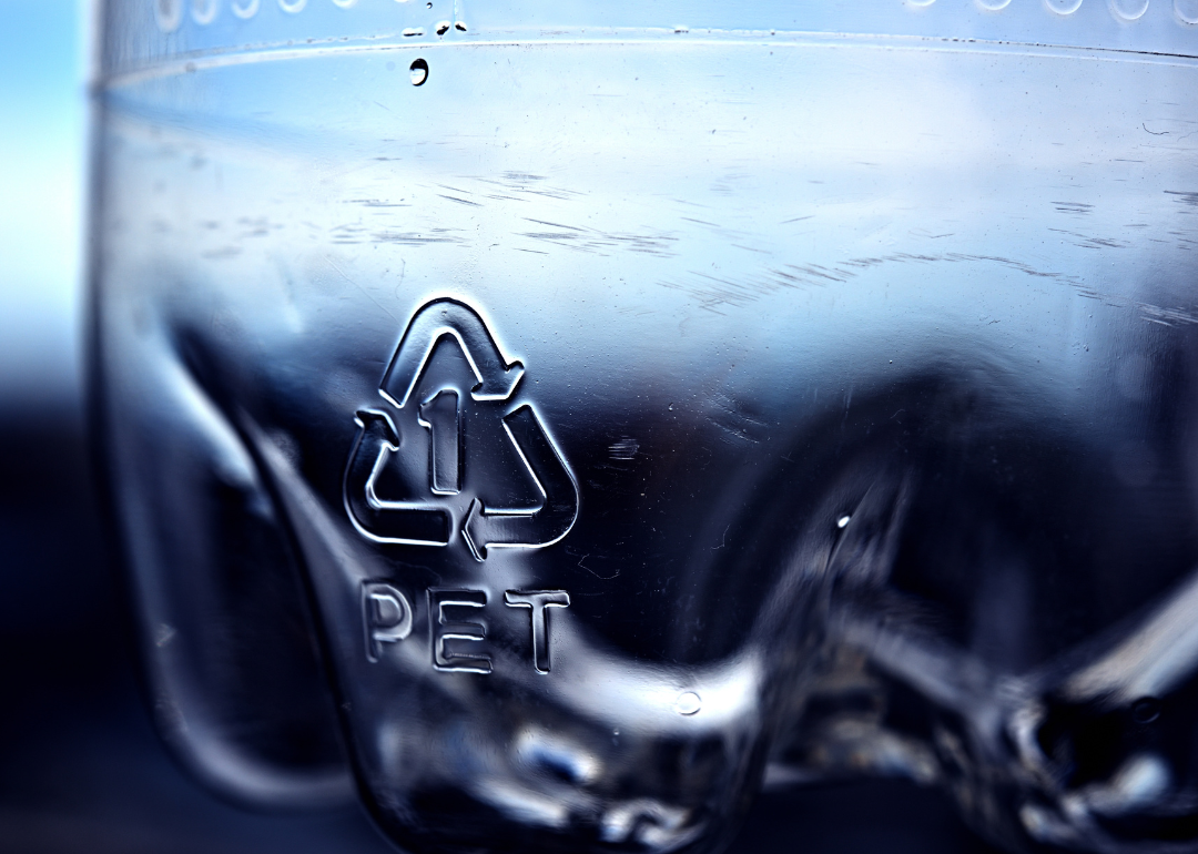 Close-up of plastic recycling symbol: 01 PET (Polyethylene terephthalate)