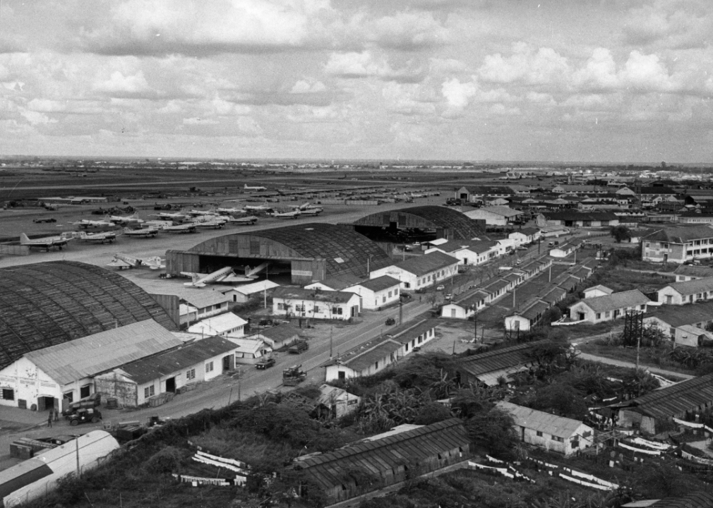 An elevated view of the hangars, flight line, and runways at the Bien Hoa Air Force Base.