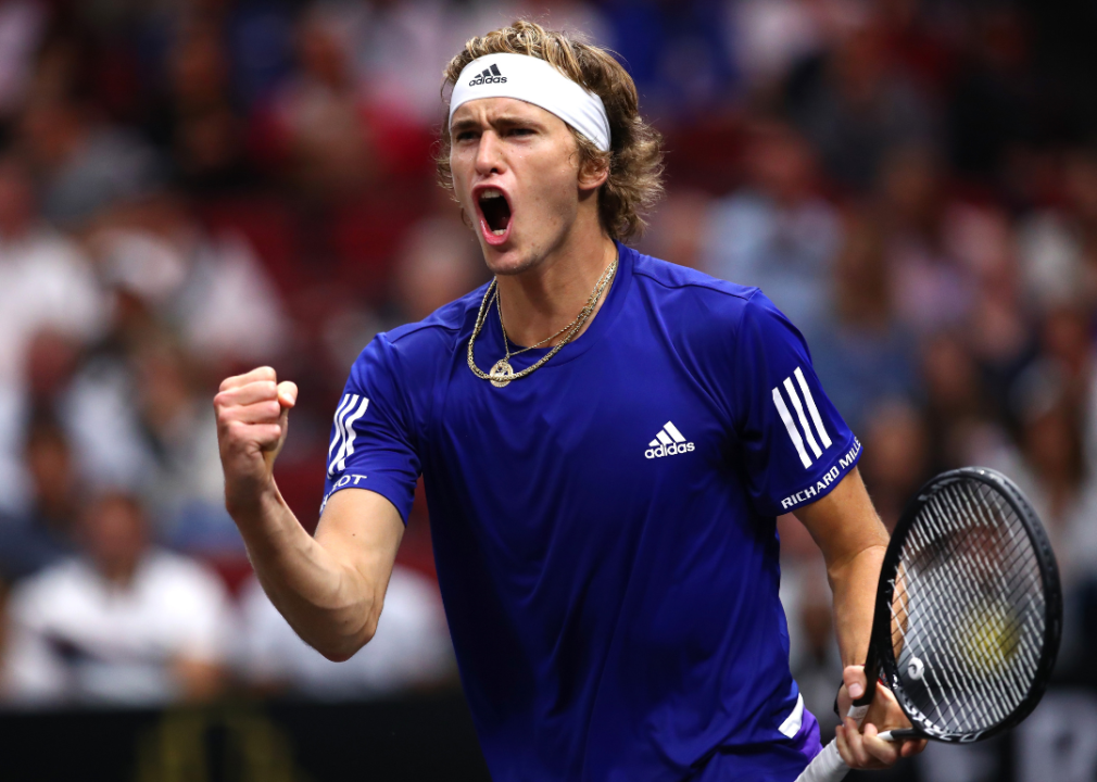 Alexander Zverev of Germany celebrating a point against Team World Kevin Anderson of South Africa during their Men's Singles match on day three of the 2018 Laver Cup