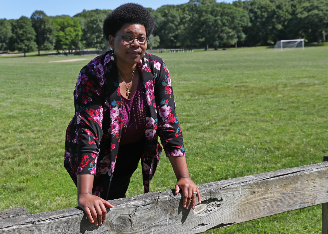 Catherine Morris, founder of the Boston Arts and Music Soul Festival, posing for a portrait at Playstead Field in Franklin Park in Boston on June 12, 2019.