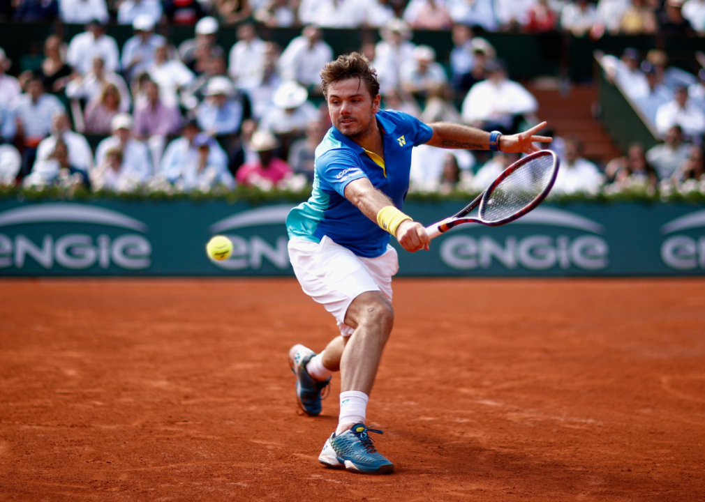 Stan Wawrinka of Switzerland playing a backhand during mens singles semi-final match against Andy Murray of Great Britain on day 13 of the 2017 French Open