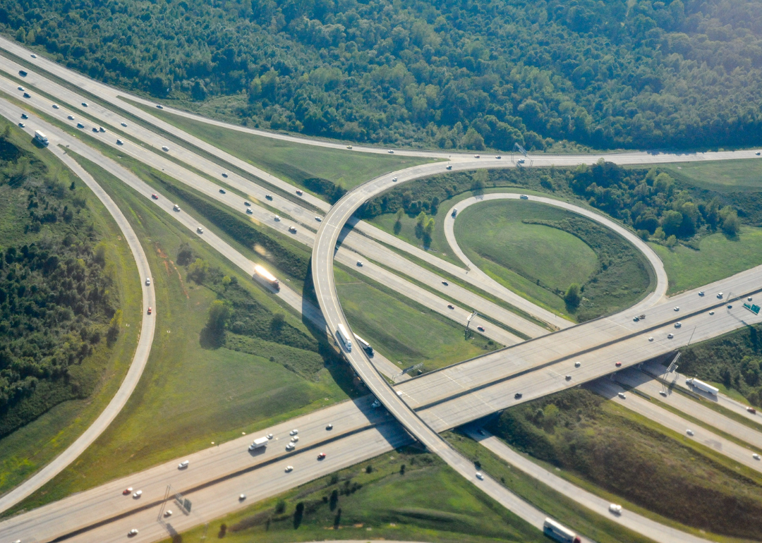 Cloverleaf connecting Interstate I-85 and I-485 as seen from U.S. Airways Flight 2655 after takeoff from Charlotte-Douglas International Airport.