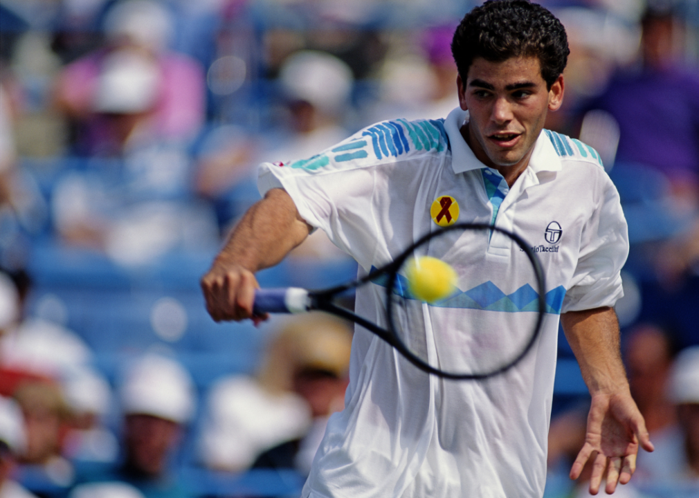 Pete Sampras of the United States making a back hand return to Jim Courier during their Men's Singles Semi Final match of the 1992 United States Open Tennis Championship
