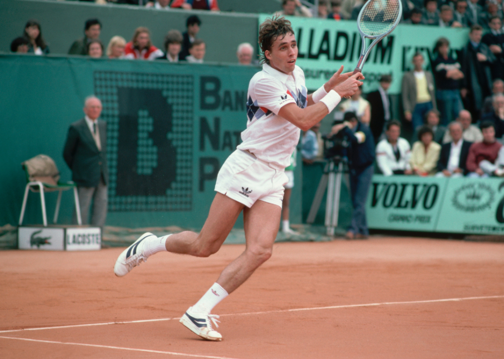 Ivan Lendl hitting a forehand return in a tennis match at the 1982 French Open