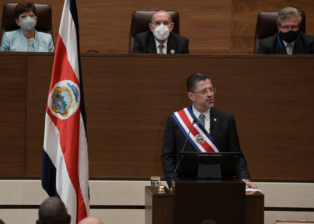 Costa Rican President Rodrigo Chaves giving his inaugural speech during the presidential inauguration ceremony at the Legislative Assembly building on May 8, 2022, in San Jose, Costa Rica