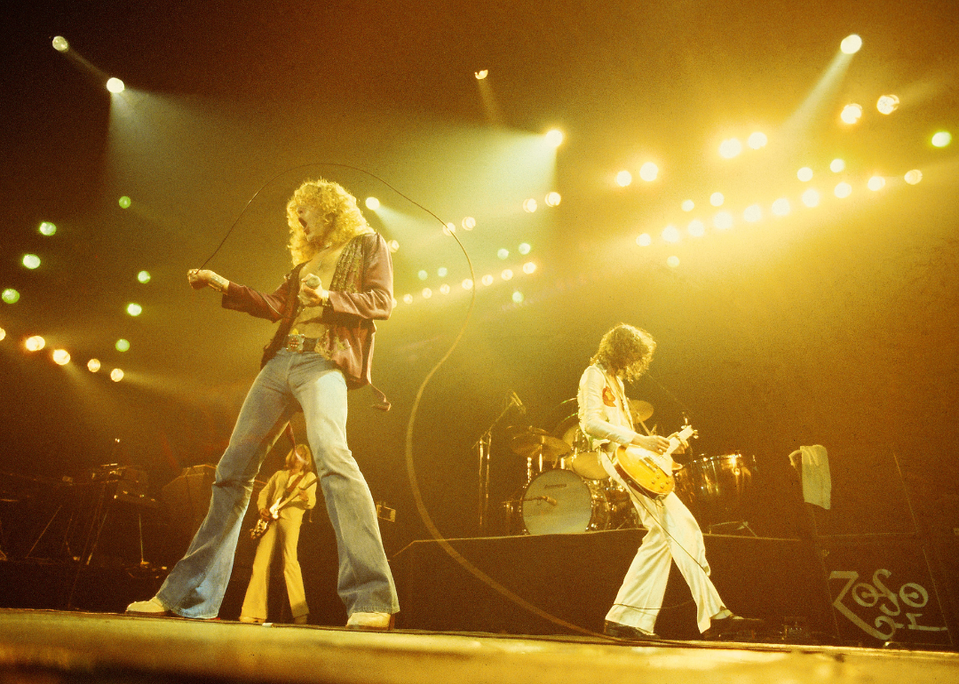 Led Zeppelin performing live onstage during its 1977 US tour.