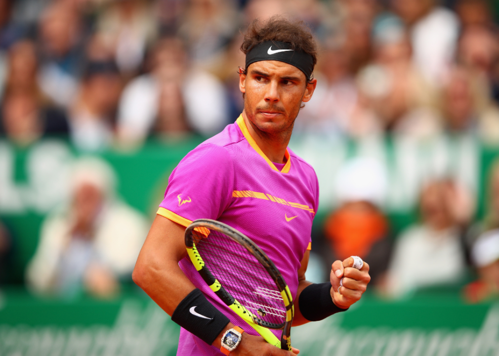 Rafael Nadal of Spain celebrating a point against Albert Ramos-Vinolas of Spain in the final on day eight of the Monte Carlo Rolex Masters