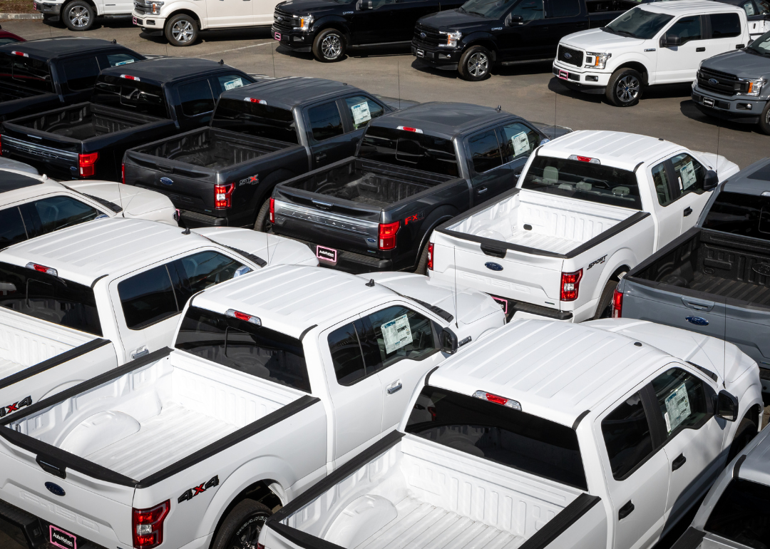 A parking lot of F-150 pickup trucks at a Ford dealership.