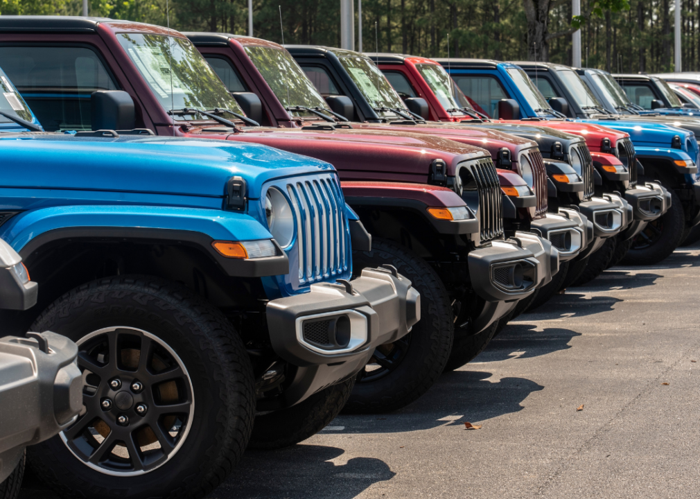 A row of unsold Jeeps is seen at a dealership in Cary, North Carolina