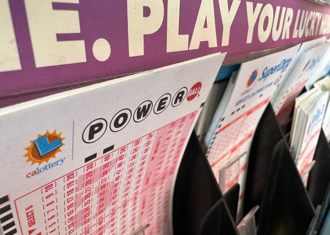 Powerball tickets on display.