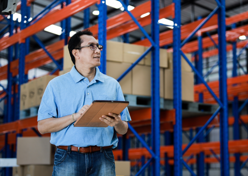 A wholesale trade manager evaluating inventory in a warehouse