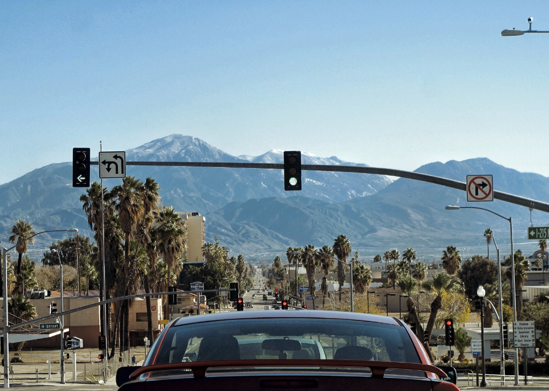 A view from a car driving into San Bernadino.