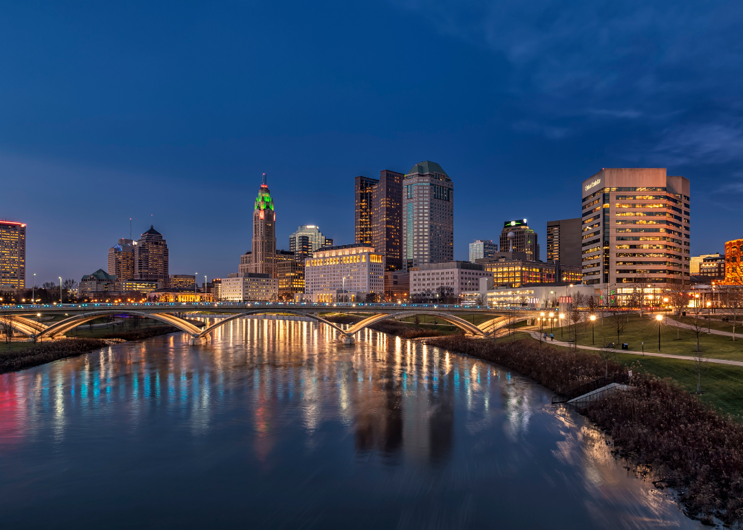 The river leading into Columbus, Ohio, at night.