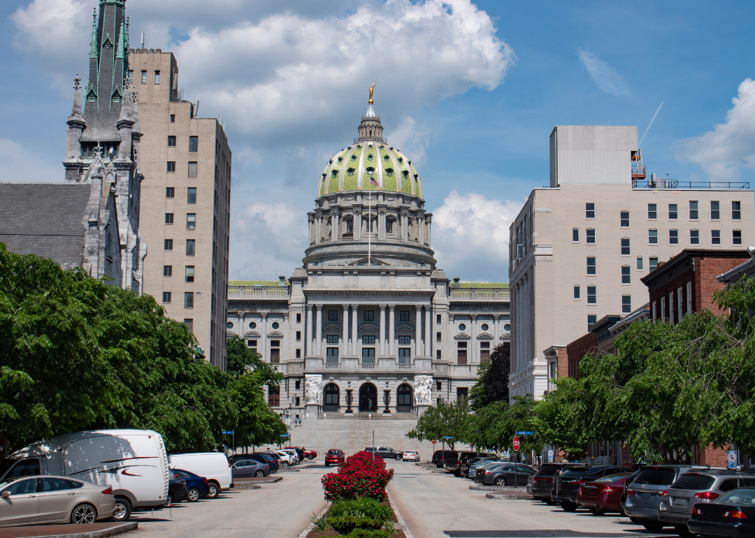 A street-level view of the Pennsylvania State Capitol building.