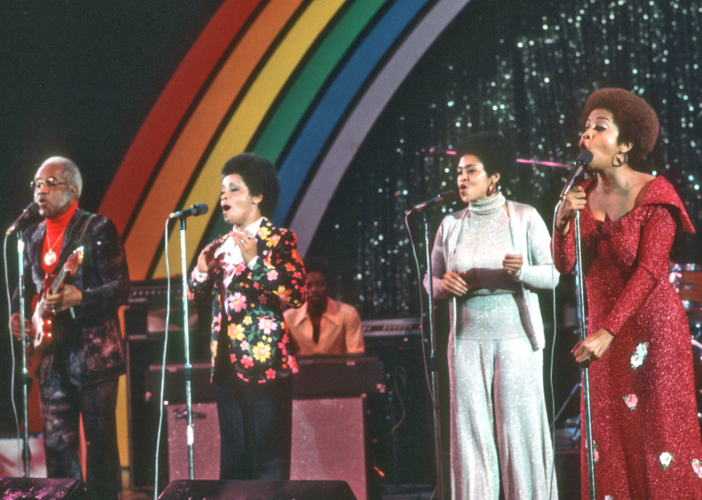 The Staple Singers perform onstage in the 1970s.