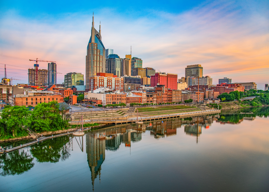 The Nashville skyline as viewed from across a river.